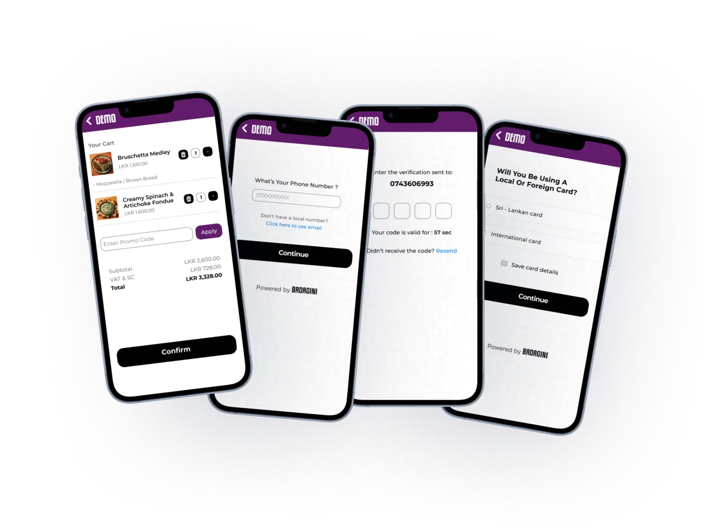 Four Badagini ordering screens: menu, item detail, table number and order confirmation