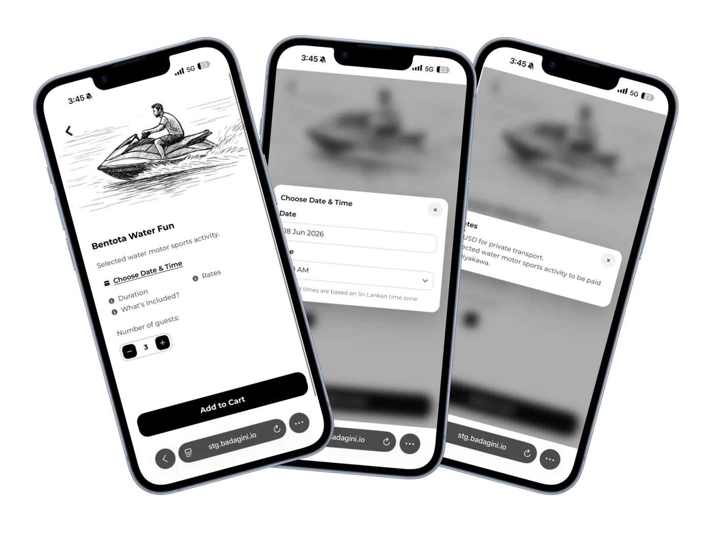 Three Badagini screens for choosing an activity, picking a time slot and confirming the booking