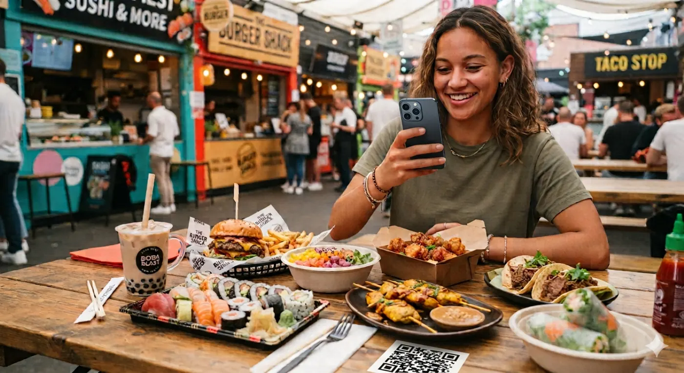 Guest ordering from several food-court vendors on her phone
