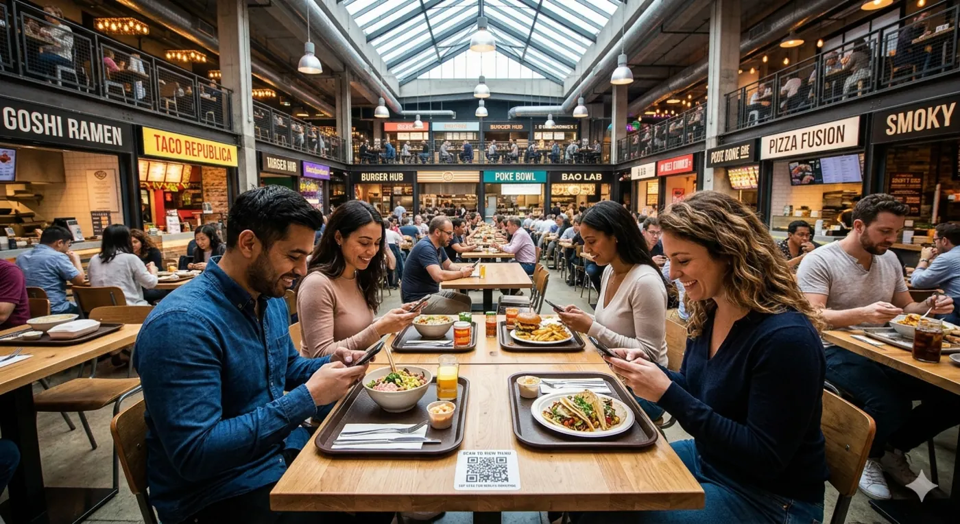 A busy indoor food hall with guests seated at long tables