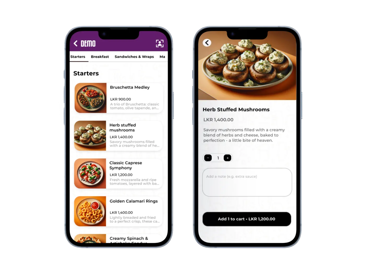 Badagini room-service screens showing the menu and an item with special instructions