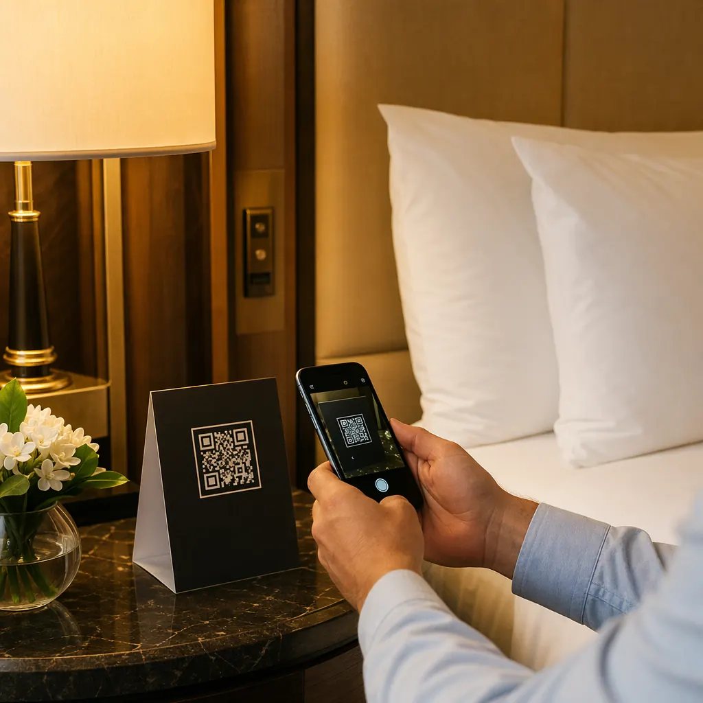 Guest scanning a bedside QR code to open the room-service menu