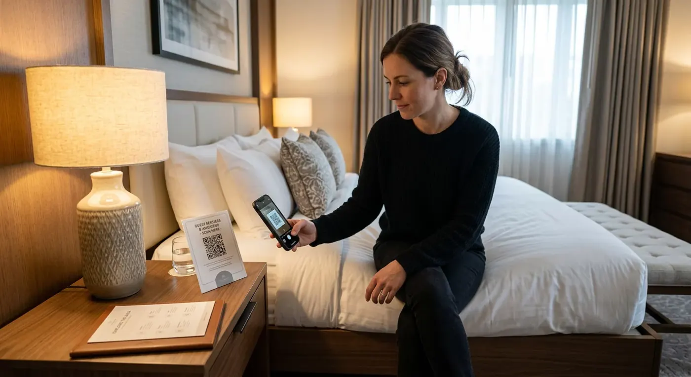 Hotel guest browsing the digital room-service menu from bed