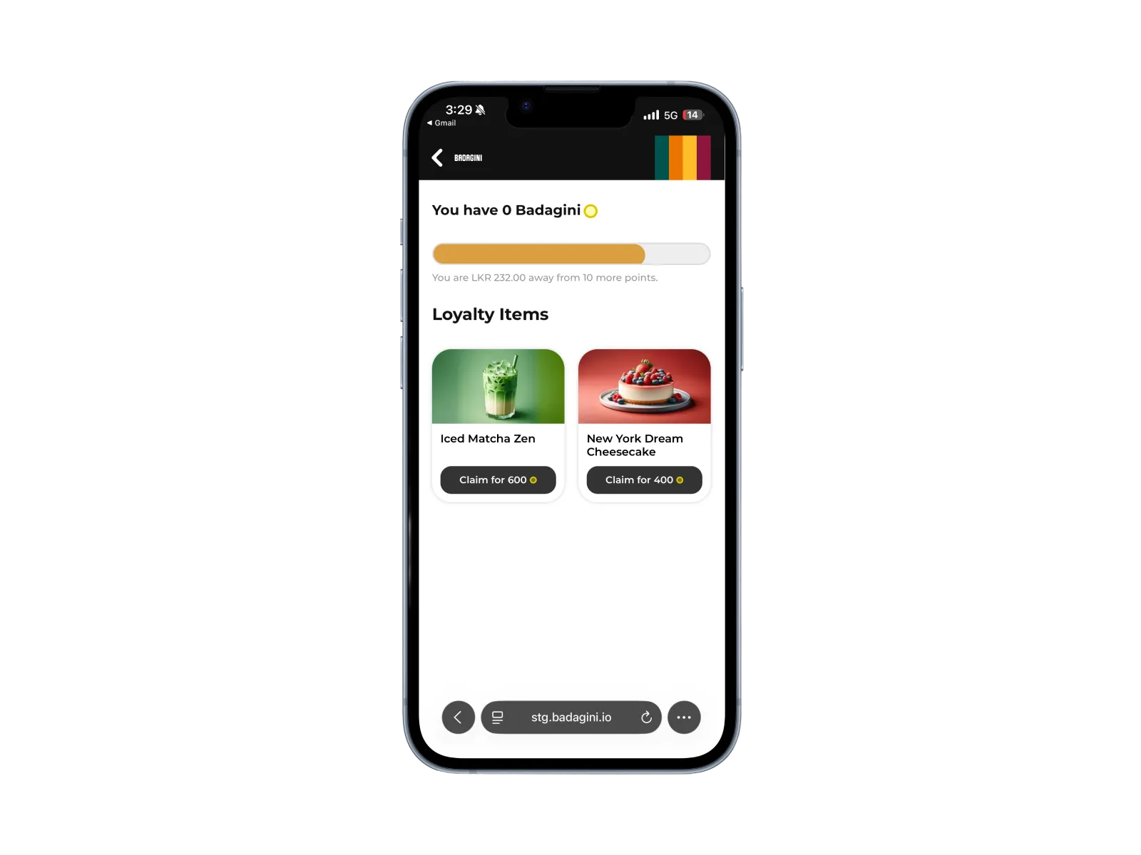 Badagini loyalty items screen on a phone showing redeemable rewards